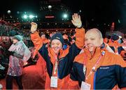 18 March 2017; Team Ireland's Cyril Walker, a member of Skiability Special Olympics Club, from Markethill, Co. Armagh, with coach Glyn Williamson, right, during the Opening Ceremony of the 2017 Special Olympics World Winter Games at Planai-Hochwurzen Bahnen in Schladming, Austria. Photo by Ray McManus/Sportsfile