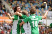 28 August 2011; Timothy Cockram, centre, Ireland, celebrates with team-mates Christopher Cargo, left, and Andrew McConnell, after scoring his side's second goal. Ireland v Spain - GANT EuroHockey Nations Men's Championships 2011. Warsteiner HockeyPark, Mönchengladbach, Germany. Picture credit: Diarmuid Greene / SPORTSFILE
