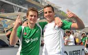 28 August 2011; Ireland players John Jackson, left, and Peter Caruth celebrate after victory over Spain. Ireland v Spain - GANT EuroHockey Nations Men's Championships 2011. Warsteiner HockeyPark, Mönchengladbach, Germany. Picture credit: Diarmuid Greene / SPORTSFILE