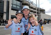 28 August 2011; Dublin supporters Fionn, six years, Rían, 11, and Keeley Lynch, 5, all playing members of the Thomas Davis club in Tallaght on their way to the GAA Football All-Ireland Championship Semi-Finals, Croke Park, Dublin. Picture credit: Ray McManus / SPORTSFILE