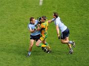 28 August 2011; Paul Flynn, left, and Denis Bastick, Dublin, tackle Christy Toye, Donegal. GAA Football All-Ireland Senior Championship Semi-Final, Dublin v Donegal, Croke Park, Dublin. Picture credit: Dáire Brennan / SPORTSFILE