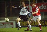 28 March 2002; Gary Haylock of Dundalk in action against Colm Foley of St Patrick's Athletic during the eircom League Premier Division match between Dundalk and St Patrick's Athletic at Oriel Park in Dundalk, Louth. Photo by David Maher/Sportsfile