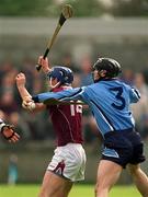 30 March 2002; Mark Kerins of Galway is tackled by Stephen Perkins of Dublin during the Allianz Hurling League Division 1A Round 1 match between Dublin and Galway at Parnell Park in Dublin. Photo by Damien Eagers/Sportsfile