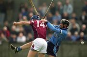 30 March 2002; Mark Kerins of Galway in action against Stephen Perkins of Dublin during the Allianz Hurling League Division 1A Round 1 match between Dublin and Galway at Parnell Park in Dublin. Photo by Damien Eagers/Sportsfile