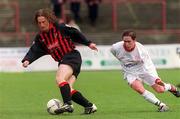 31 March 2002; Simon Webb of Bohemians in action against Richie Baker of Shelbourne during the eircom League Premier Division match between Bohemians and Shelbourne at Dalymount Park in Dublin. Photo by Ray Lohan/Sportsfile