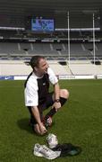 5 April 2002; Ireland outhalf David Humphreys laces up his boots before practicing his goal kicking during the Ireland Rugby Captain's Run at the Stade de France in Paris, France. Photo by Brendan Moran/Sportsfile