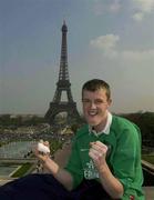 5 April 2002; Ireland rugby fan John Clarke, from Dublin, near the Eiffel Tower in Paris prior to the Six Nations game with France. Photo by Brendan Moran/Sportsfile