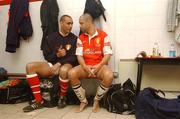 5 April 2002; Paul Osam, left, and Paul McGrath in the dressing room before the start of the game Paul Osam Testimonial Match between St Patrick's Athletic and Shamrock Rovers at Richmond Park in Dublin. Photo by David Maher/Sportsfile