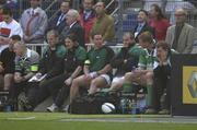 6 April 2002; Peter Clohessy of Ireland, third from right, sits on the bench after being substituted during the Six Nations Rugby Championship match between France and Ireland at Stade de France in Paris, France. Photo by Brendan Moran/Sportsfile