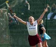 6 April 2002; Nikki Symmons of Loreto celebrates after scoring her side's first goal during the Sharwood's Irish Senior Cup Final match between Hermes and Loreto at UCD in Dublin. Photo by Pat Murphy/Sportsfile