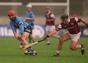 30 March 2002; David Sweeney of Dublin is tackled by Cathal Moore of Galway during the Allianz Hurling League Division 1A Round 1 match between Dublin and Galway at Parnell Park in Dublin. Photo by Damien Eagers/Sportsfile