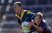 7 April 2002; Dermot McGlade of Ireland is tackled by Cameron Hall of Australia during the U17 International Rules Third Test match between Ireland and Australia at Páirc Uí Chaomh in Cork. Photo by Damien Eagers/Sportsfile