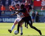 7 April 2002; Mark Rutherford of Bohemians in action against Chris Lawless of Dundalk during the FAI Carlsberg Senior Challenge Cup Final match between Bohemians and Dundalk at Tolka Park in Dublin. Photo by Brian Lawless/Sportsfile