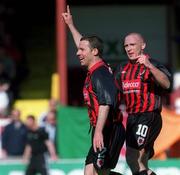 7 April 2002; Tony O'Connor of Bohemians celebrates alongside teammate Glen Crowe, right, after scoring his side's first goal during the FAI Carlsberg Senior Challenge Cup Final match between Bohemians and Dundalk at Tolka Park in Dublin. Photo by David Maher/Sportsfile