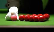 21 March 2002; A referee respots the pink ball next to the pack of reds during the Citywest Irish Masters Snooker Quarter-Final match between Ken Doherty and Stephen Lee at Citywest Hotel in Saggart, Dublin. Photo by Brendan Moran/Sportsfile
