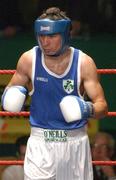 22 February 2002; Kenneth Egan of Neilstown Boxing Club, Dublin, during the 75kg bout against Marvin Lee of Oughterard Boxing Club, Galway, during the National Senior Boxing Championships 2002 at The National Stadium in Dublin. Photo by Damien Eagers/Sportsfile