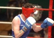 22 February 2002; Gavin Brown of Crumlin Boxing Club, Dublin, during the Featherweight Final against Stephen Ormonde of Quarryvale Boxing Club, Dublin, at the National Senior Boxing Championships at The National Stadium in Dublin. Photo by Damien Eagers/Sportsfile