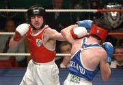 22 February 2002; Stephen Ormonde of Quarryvale Boxing Club, Dublin, left, during the Featherweight Final against Gavin Brown of Crumlin Boxing Club, Dublin, at the National Senior Boxing Championships at The National Stadium in Dublin. Photo by Damien Eagers/Sportsfile