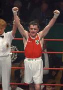 22 February 2002; Stephen Ormonde of Quarryvale Boxing Club, Dublin, celebrates after beating Gavin Brown of Crumlin Boxing Club, Dublin, in their Featherweight Final at the National Senior Boxing Championships at The National Stadium in Dublin. Photo by Damien Eagers/Sportsfile