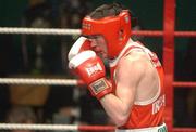 22 February 2002; Damien McKenna of Holy Family Boxing Club, Drogheda, in the 54kg bout against Martin Lindsey during the National Senior Boxing Championships 2002 at The National Stadium in Dublin. Photo by Damien Eagers/Sportsfile