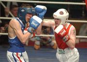 22 February 2002; Darren Campbell of St Saviours Boxing Club, Dublin, right, in action against Liam Cunningham of Saints Boxing Club, Belfast, during their Fly Weight Final at the National Senior Boxing Championships 2002 at The National Stadium in Dublin. Photo by Damien Eagers/Sportsfile
