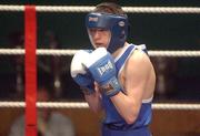 22 February 2002; Liam Cunningham of Saints Boxing Club, Belfast, during the Fly Weight Final against Darren Campbell of St Saviours Boxing Club, Dublin, at the National Senior Boxing Championships 2002 at The National Stadium in Dublin. Photo by Damien Eagers/Sportsfile