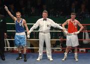 22 February 2002; Martin Lindsey of Immaculata Belfast, left, celebrates after victory over Damien McKenna of Holy Family Boxing Club, Drogheda, in their Bantamweight Final during the National Senior Boxing Championships 2002 at The National Stadium in Dublin. Photo by Damien Eagers/Sportsfile