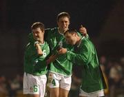 10 April 2002; Republic of Ireland players, from left, Graham Ward, Patrick McCarthy and Adrian Deane celebrate after the UEFA U19 European Championships Intermediary Round Second Leg match between Republic of Ireland and Netherlands at Turner's Cross in Cork. Photo by Aoife Rice/Sportsfile