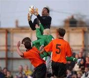 10 April 2002; Netherlands goalkeeper Roy Waterman makes a save under pressure from Sean Thornton of Republic of Ireland during the UEFA U19 European Championships Intermediary Round Second Leg match between Republic of Ireland and Netherlands at Turner's Cross in Cork. Photo by Aoife Rice/Sportsfile