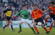 10 April 2002; Conor Gethins of Republic of Ireland in action against Arjen Robben, 11 and teammate Jordi Hoogstraate of Netherlands during the UEFA U19 European Championships Intermediary Round Second Leg match between Republic of Ireland and Netherlands at Turner's Cross in Cork. Photo by Aoife Rice/Sportsfile