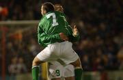 10 April 2002; Jonathan Daly of Republic of Ireland celebrates with teammate Adrian Deane, 7 after the UEFA U19 European Championships Intermediary Round Second Leg match between Republic of Ireland and Netherlands at Turner's Cross in Cork. Photo by Aoife Rice/Sportsfile