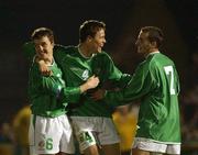 10 April 2002; Republic of Ireland players, from left, Graham Ward, Patrick McCarthy, and Adrian Deane celebrate after the UEFA U19 European Championships Intermediary Round Second Leg match between Republic of Ireland and Netherlands at Turner's Cross in Cork. Photo by Aoife Rice/Sportsfile