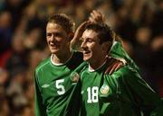 10 April 2002; Republic of Ireland players Stephen Paisley and Stephen Elliott, 18, celebrate after the UEFA U19 European Championships Intermediary Round Second Leg match between Republic of Ireland and Netherlands at Turner's Cross in Cork. Photo by Aoife Rice/Sportsfile