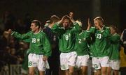 10 April 2002; Republic of Ireland players Stephen Elliott,18, Glenn Whelan, 8, Stephen Kelly, 2, and Clive Ross, celebrate after the UEFA U19 European Championships Intermediary Round Second Leg match between Republic of Ireland and Netherlands at Turner's Cross in Cork. Photo by Aoife Rice/Sportsfile
