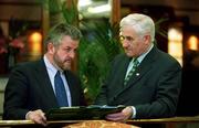 12 April 2002; GAA Presidential candidates Albert Fallon, left, and PJ McGrath during day one of the GAA Annual Congress at the Burlington Hotel in Dublin. Photo by Ray McManus/Sportsfile