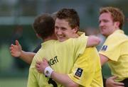 13 April 2002; Instonians players Mark Wainwright, left, and Julian Lewis celebrate after the Irish Senior Men's Cup Final match between  Instonians and Pembroke Wanderers at UCD in Dublin. Photo by Pat Murphy/Sportsfile