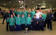 14 April 2002; The Irish Junior Womens basketball team at Dublin Airport on their return from winning the Four Countries International Tournament in Newcastle, England. Photo by Ray McManus/Sportsfile