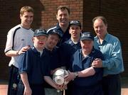 15 April 2002; Ireland goalkeeping legend, Packie Bonner, officially launched Special Olympics European Football Week, supported by the FAI and Irish Football Association. Packie, Colin Healy and Brian Kerr are  pictured at the launch with special athletes, from left, Robert Coone from Firhouse in Dublin, Mark Tierney from Firhouse in Dublin, Ollie Whelan from Templeogue in Dublin, Paul Kennedy from Walkinstown in Dublin. Photo by Ray McManus/Sportsfile