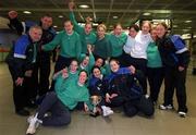 14 April 2002; The Irish Junior Womens basketball team at Dublin Airport on their return from winning the Four Countries International Tournament in Newcastle, England. Photo by Ray McManus/Sportsfile