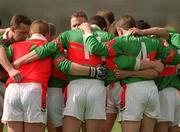 14 April 2002; Mayo players in a huddle before the Allianz National Football League Division 1 Semi-Final match between Mayo and Tyrone at Brewster Park in Enniskillen, Fermanagh. Photo by Damien Eagers/Sportsfile
