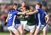 19 March 2017; Tom Parsons of Mayo in action against Niall Clerkin, left, and Killian Clarke of Cavan during the Allianz Football League Division 1 Round 5 match between Mayo and Cavan at Elverys MacHale Park in Castlebar, Co Mayo. Photo by David Maher/Sportsfile