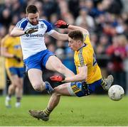 19 March 2017; Owen Duffy of Monaghan in action against Niall McInerney of Roscommon during the Allianz Football League Division 1 Round 5 match between Monaghan and Roscommon at Páirc Grattan in Inniskeen, Co Monaghan. Photo by Piaras Ó Mídheach/Sportsfile