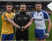 19 March 2017; Referee Noel Mooney from Cavan with Roscommon captain Ciaran Murtagh and Monaghan captain Drew Wylie during the Allianz Football League Division 1 Round 5 match between Monaghan and Roscommon at Páirc Grattan in Inniskeen, Co Monaghan. Photo by Philip Fitzpatrick/Sportsfile
