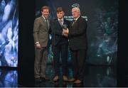 19 March 2017; Callum Thompson is presented with the U15 International Player of the Year by Gavin McAllister PR & Sponsorship Manager of Three Ireland (left) and FAI President Tony Fitzgerald during the Three FAI International Soccer Awards at RTE Studios in Donnybrook, Dublin. Photo by Brendan Moran/Sportsfile