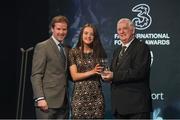 19 March 2017; Tyler Toland is presented with the U16 Women's International Player of the Year by Gavin McAllister PR & Sponsorship Manager of Three Ireland (left) and FAI President Tony Fitzgerald during the Three FAI International Soccer Awards at RTE Studios in Donnybrook, Dublin. Photo by Brendan Moran/Sportsfile