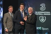 19 March 2017; Declan Rice of Westham United is presented with the U17 International Player of the Year by Gavin McAllister PR & Sponsorship Manager of Three Ireland (left) and FAI President Tony Fitzgerald during the Three FAI International Soccer Awards at RTE Studios in Donnybrook, Dublin. Photo by Brendan Moran/Sportsfile