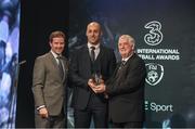 19 March 2017; Mark Horgan is presented with the Intermediate Player of the Year by Gavin McAllister PR & Sponsorship Manager of Three Ireland (left) and FAI President Tony Fitzgerald during the Three FAI International Soccer Awards at RTE Studios in Donnybrook, Dublin. Photo by Brendan Moran/Sportsfile