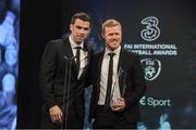19 March 2017; Daryl Horgan is presented with the SSE Airtricity League Player of the Year by Republic of Ireland International football captain Séamus Coleman during the Three FAI International Soccer Awards at RTE Studios in Donnybrook, Dublin. Photo by Brendan Moran/Sportsfile
