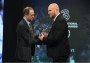 19 March 2017; John Hartson is presented with the International Personality Award by Republic of Ireland manager Martin O'Neil during the Three FAI International Soccer Awards at RTE Studios in Donnybrook, Dublin. Photo by Brendan Moran/Sportsfile