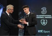 19 March 2017; Callum O'Dowda of Bristol City is presented with the Under 21 International Player of the Year by Ruud Dokter, High Performance Director of the FAI during the Three FAI International Soccer Awards at RTE Studios in Donnybrook, Dublin. Photo by Brendan Moran/Sportsfile